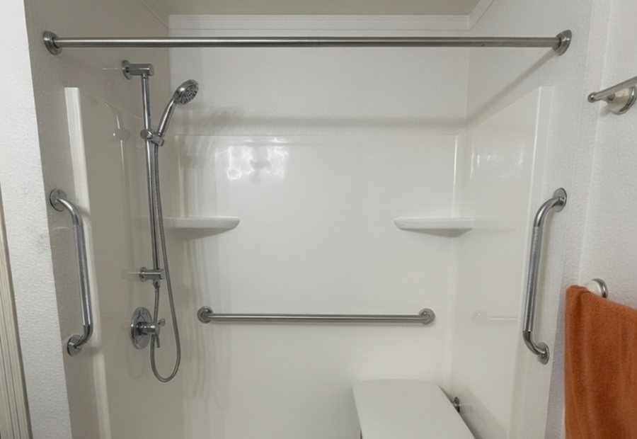 White walk-in shower with grab bars, a handheld shower on a slide bar, and a fold-down seat