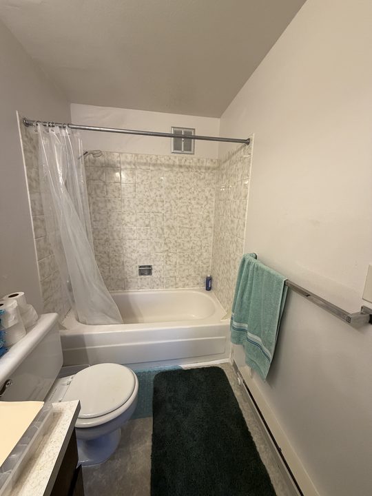 Before: bathtub with grab bars on the tile and on the wall beside it